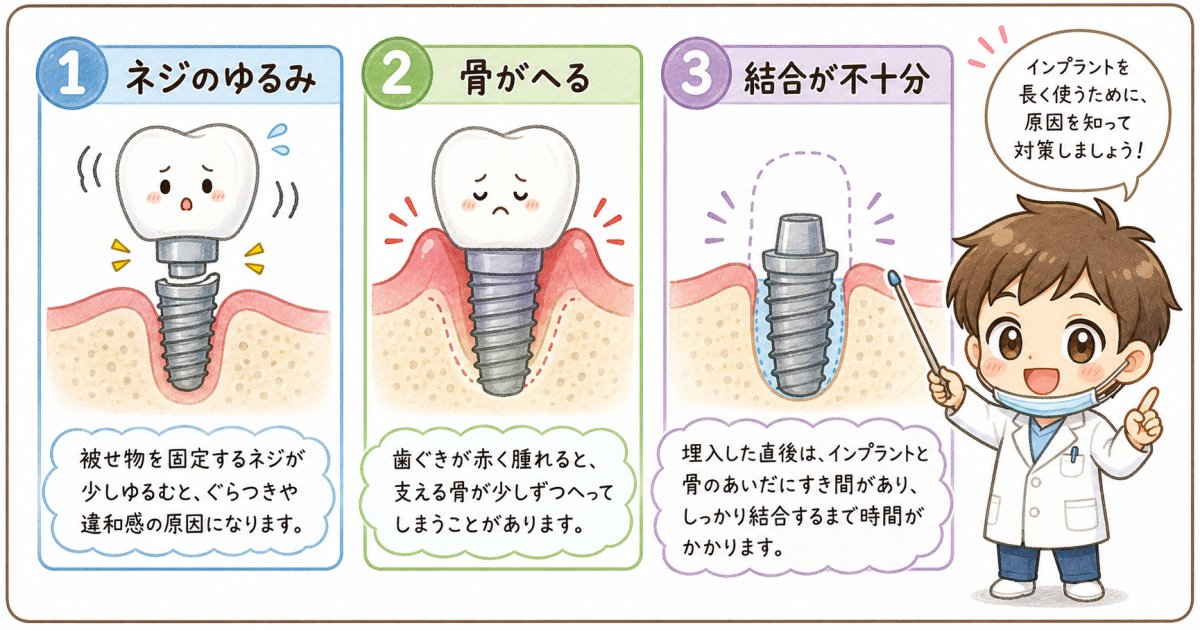 インプラントが動く主な原因とは?被せ物の緩みと骨の異常
